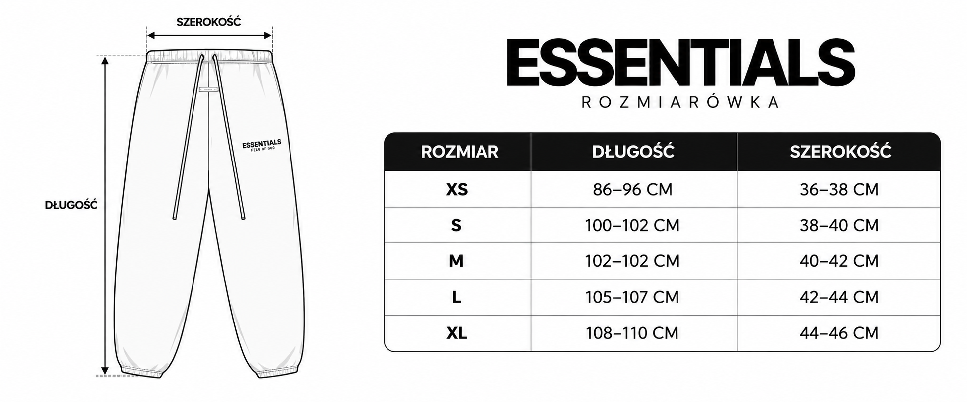 Infografika rozmiarów spodni Essentials