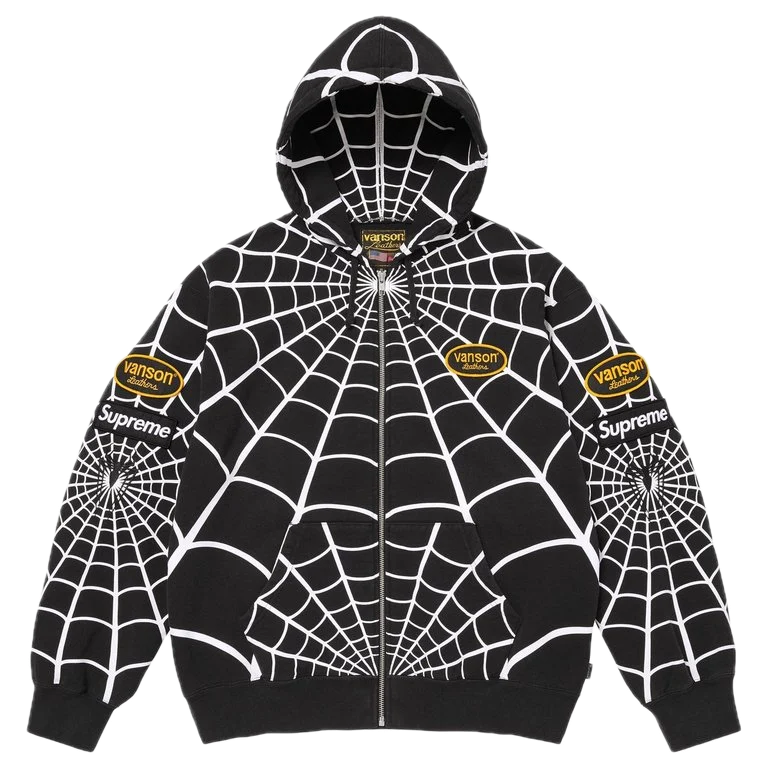 Supreme Vanson Leathers Spider-Man Zip Up Hooded Sweatshirt Black