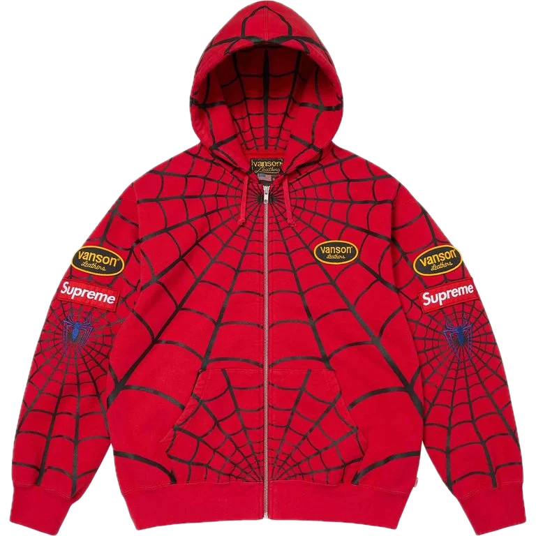 Supreme Vanson Leathers Spider-Man Zip Up Hooded Sweatshirt Red