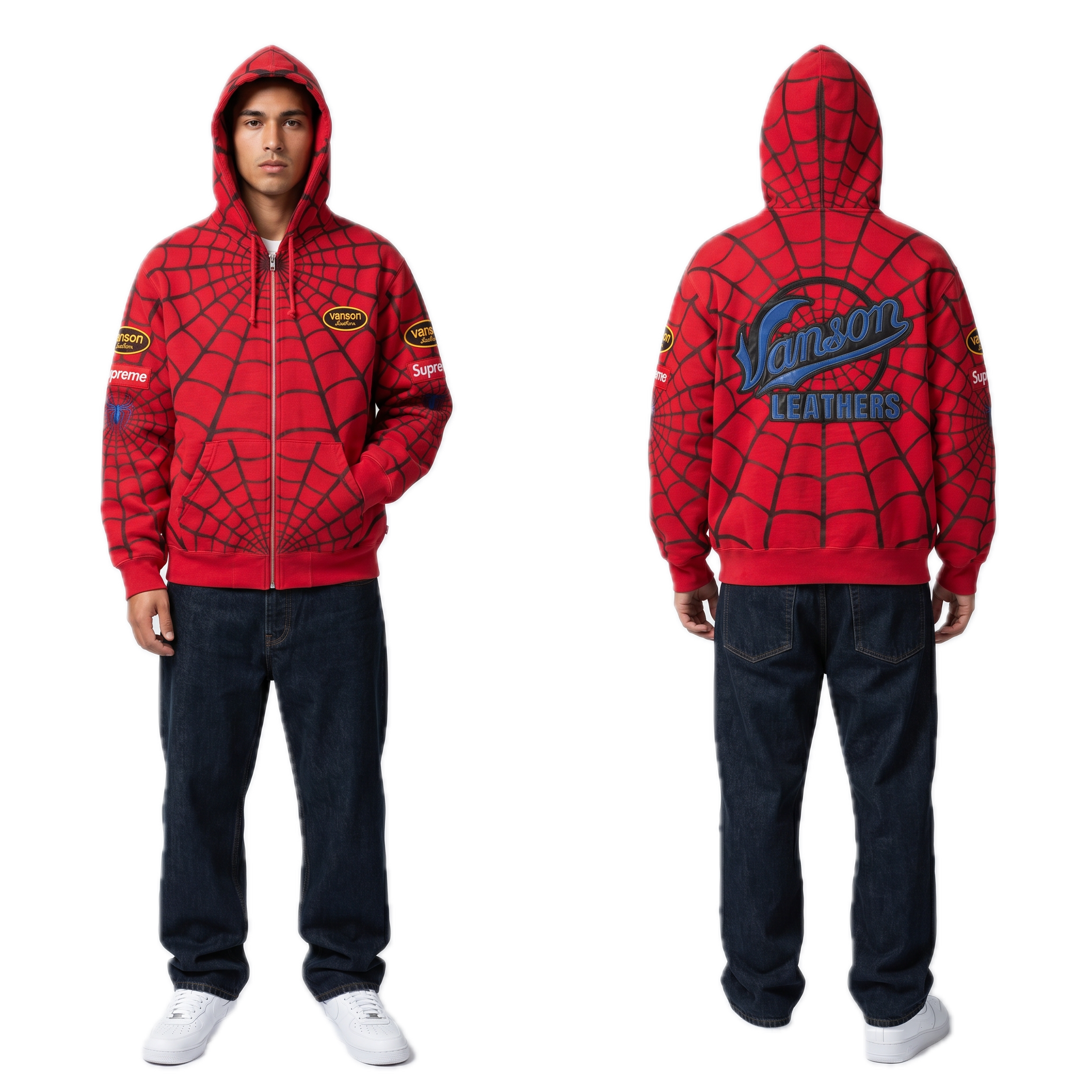 Supreme Vanson Leathers Spider-Man Zip Up Hooded Sweatshirt Red