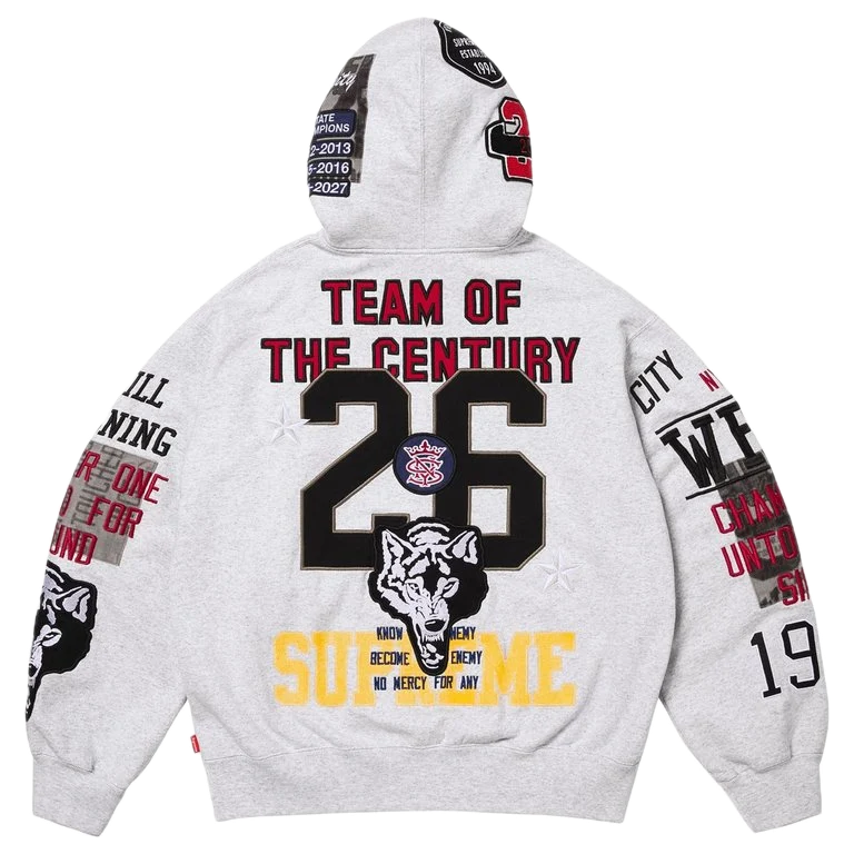 Supreme Warriors Appliqué Zip Up Hooded Sweatshirt Ash Grey